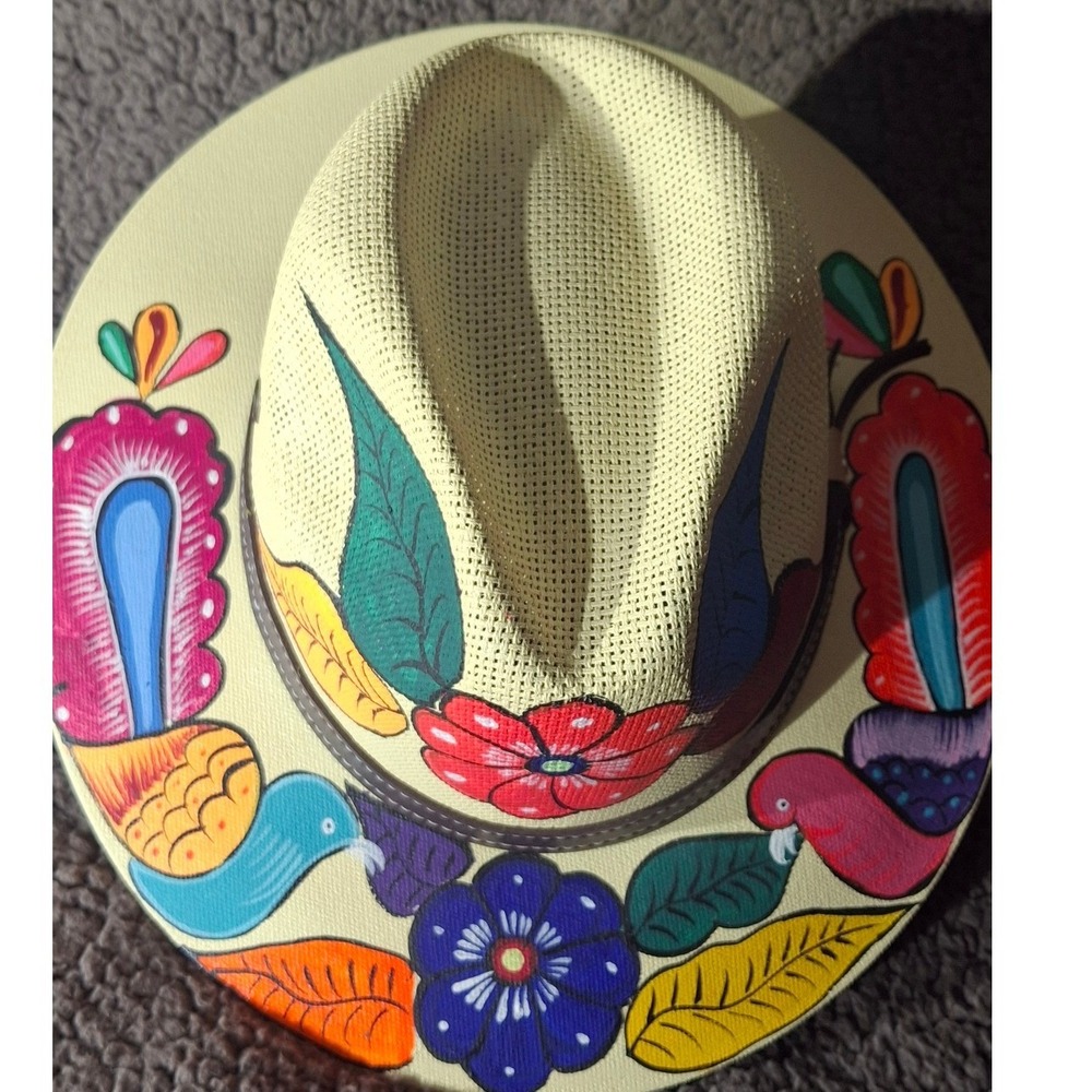 Panama Hats Hand Painted Floral Bird Straw Fedora Sun Hat Cream Tan Medium